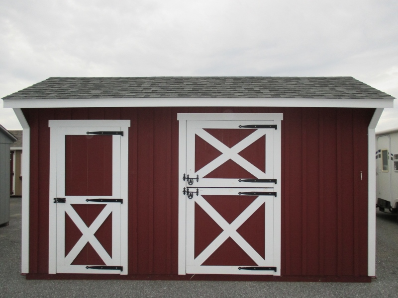 10x16 Horsebarn, Red Pine Board&Batten siding, White trim, Gray roof, 6' Tack Room, 10' Stall, Retail Price $4,240, Display Model Price $3,816  Chester Springs